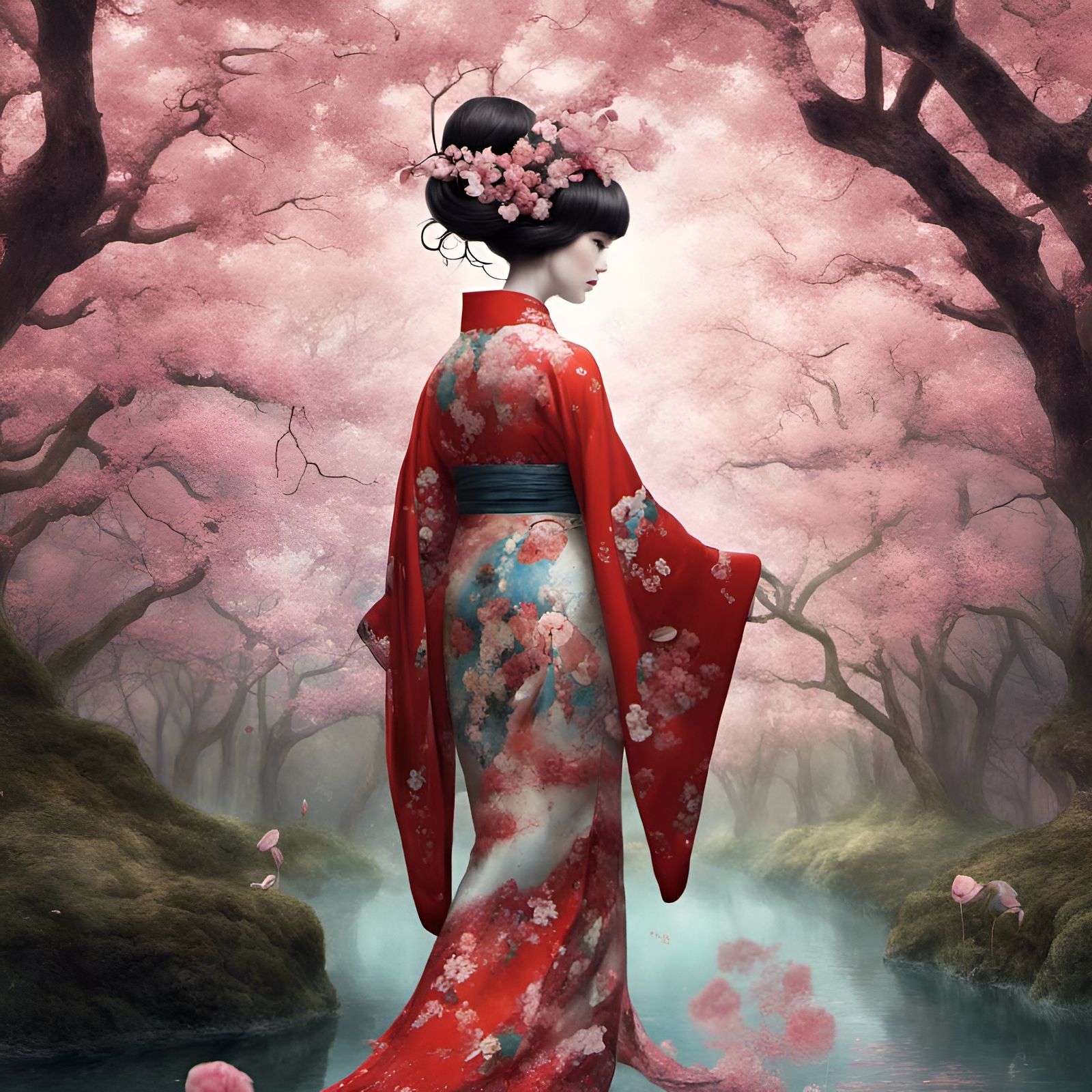 Empress in Kimono with Cherry Blossoms, Art Nouveau Style