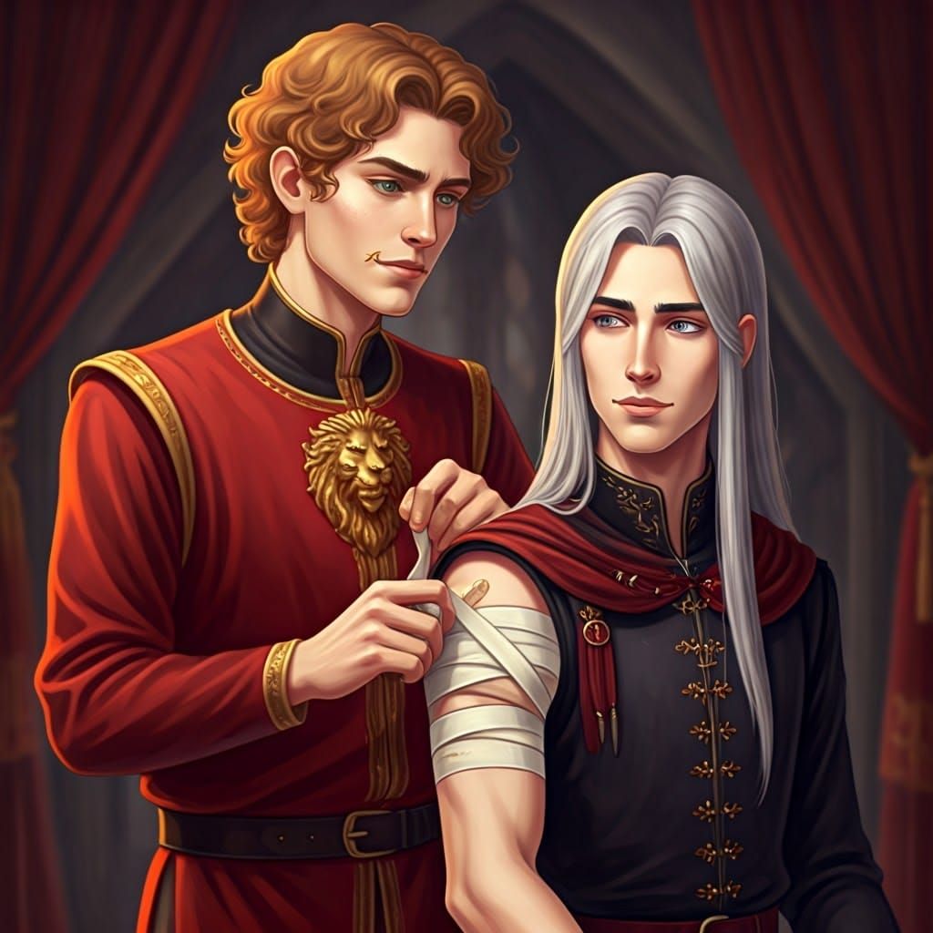 Two Noble Youths Tend to Each Other in Gentle Moment