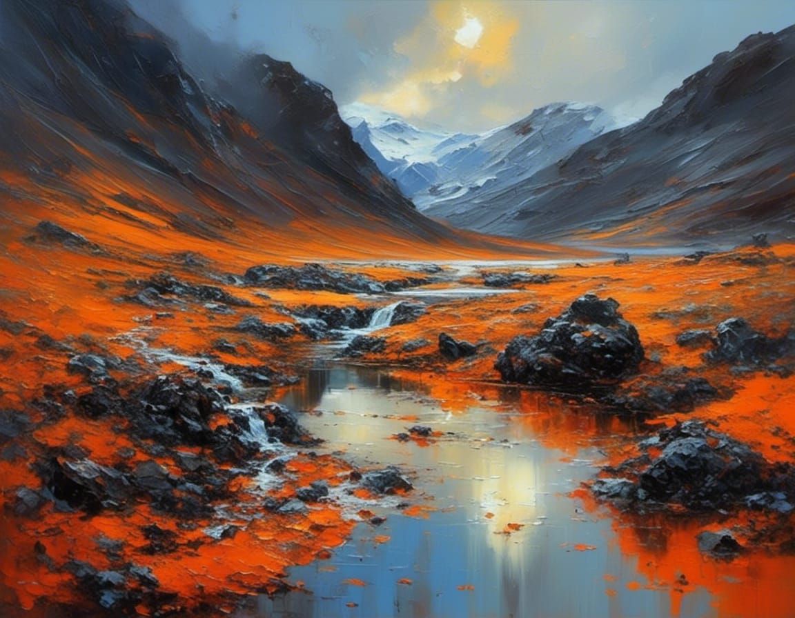 Icelandic Thermal Spring at Sunset, Vivid Oil Painting