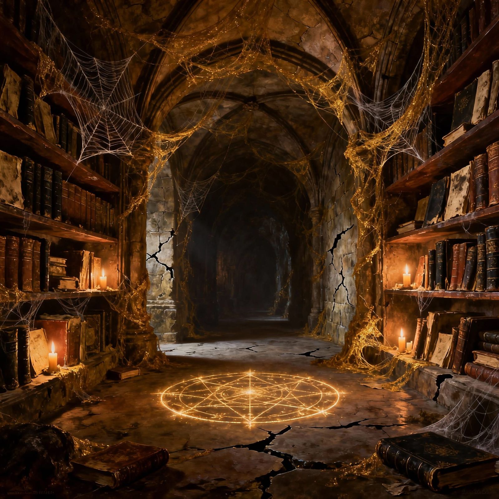 Enchanting Hall of Spells with Dramatic Shadows