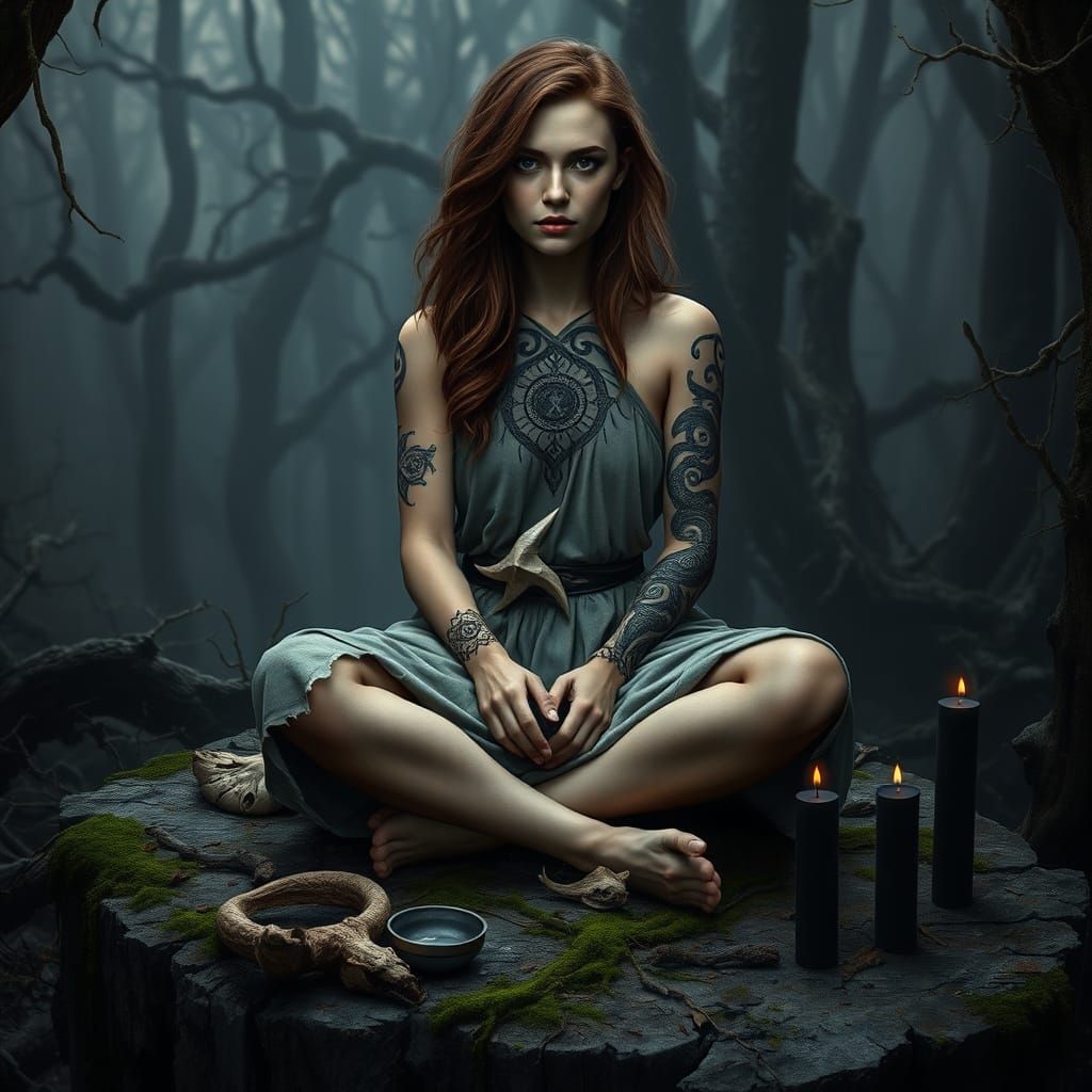 Mystical Slavic Woman Portrait in Primeval Forest