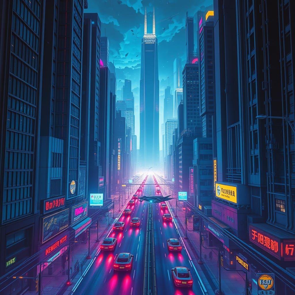 Cyberpunk Cityscape with Symmetrical Skyscrapers and Neon Li...