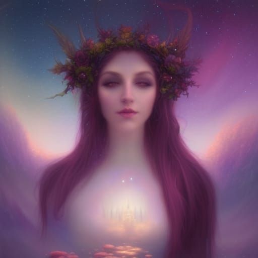 Cosmic gothic ethereal young lady with Aurora borealis in the background& witchy vibes