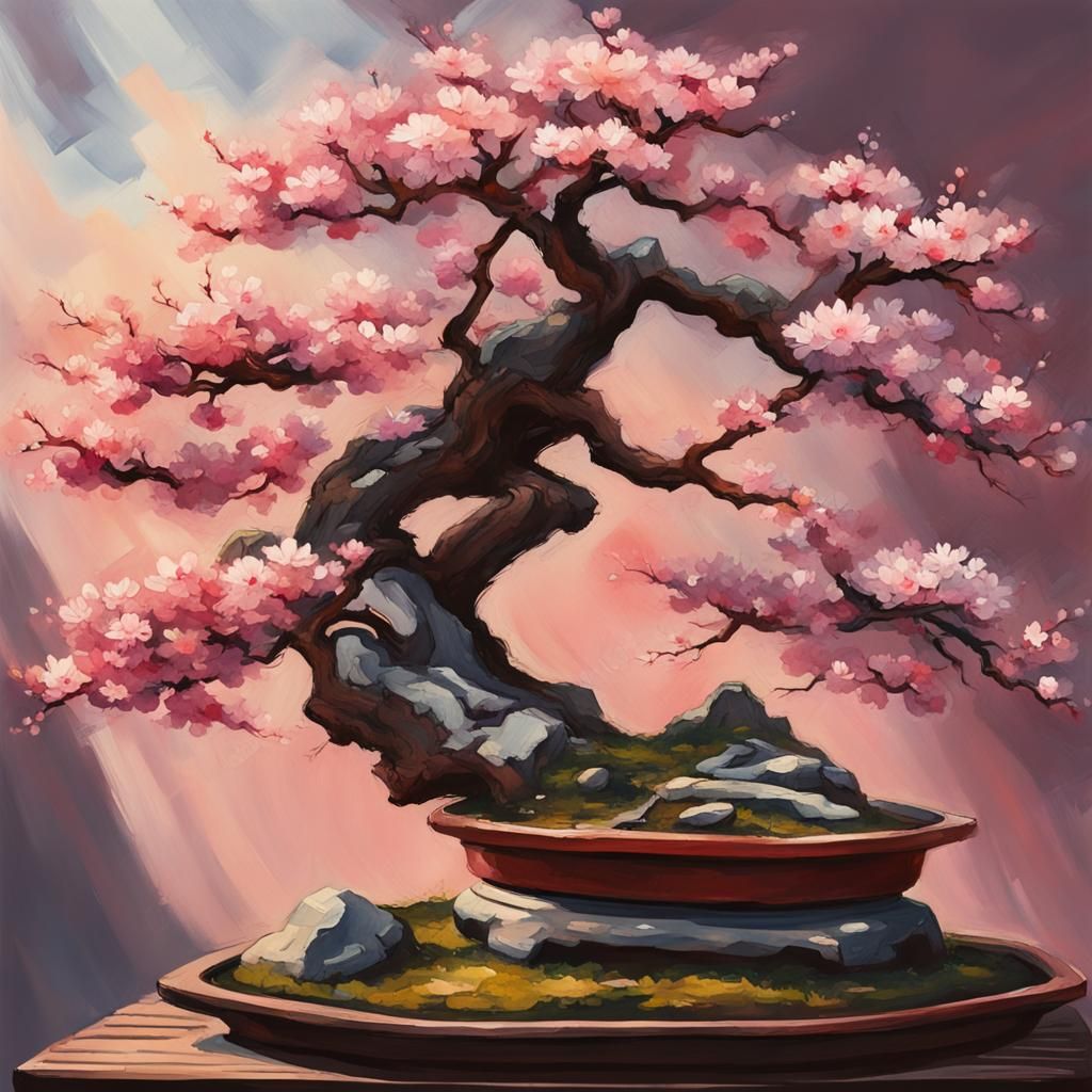 Cherry Blossom Bonsai in Gouache Watercolor Style