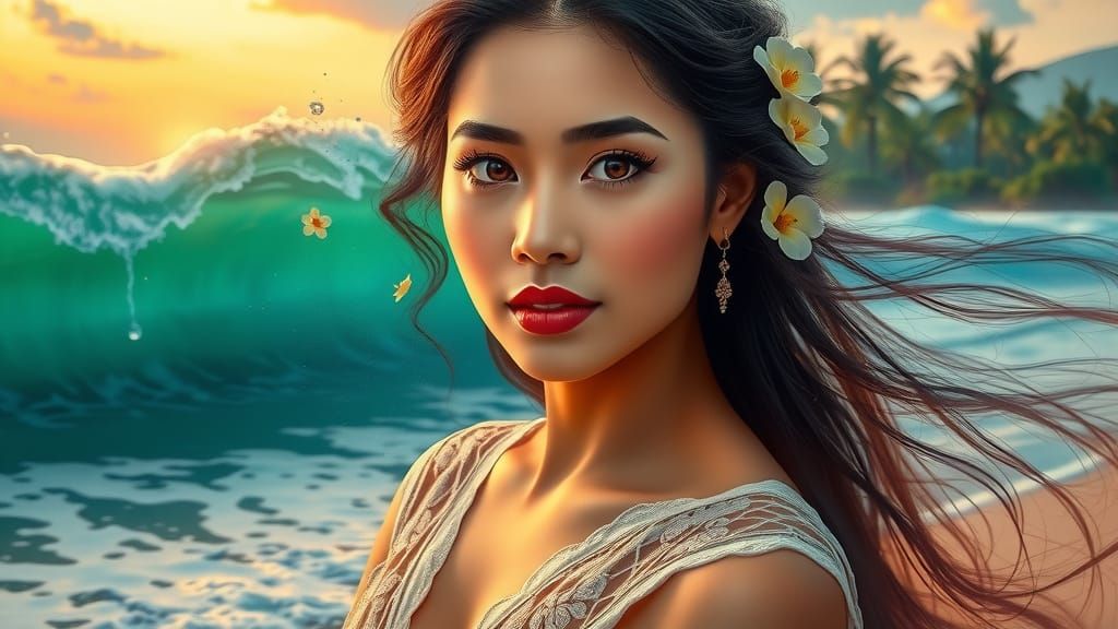 Serene Balinese Goddess Blends with Tropical Sunset
