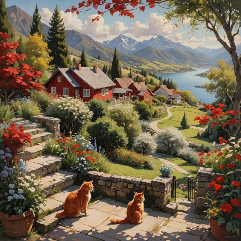 Girl with Cat in Garden, Oil Painting