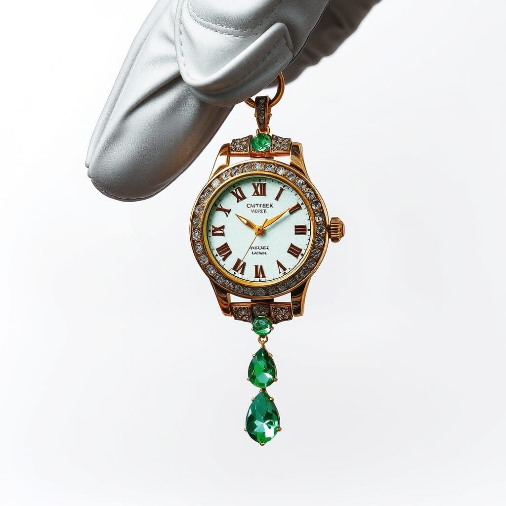 Emerald Watch Dangles from Gloved Hand in Alcohol Ink Style