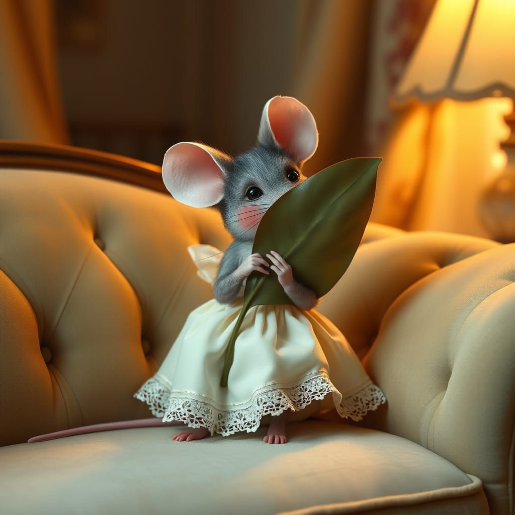 Shy Mouse Posing on Velvet Couch, in Art Nouveau Style