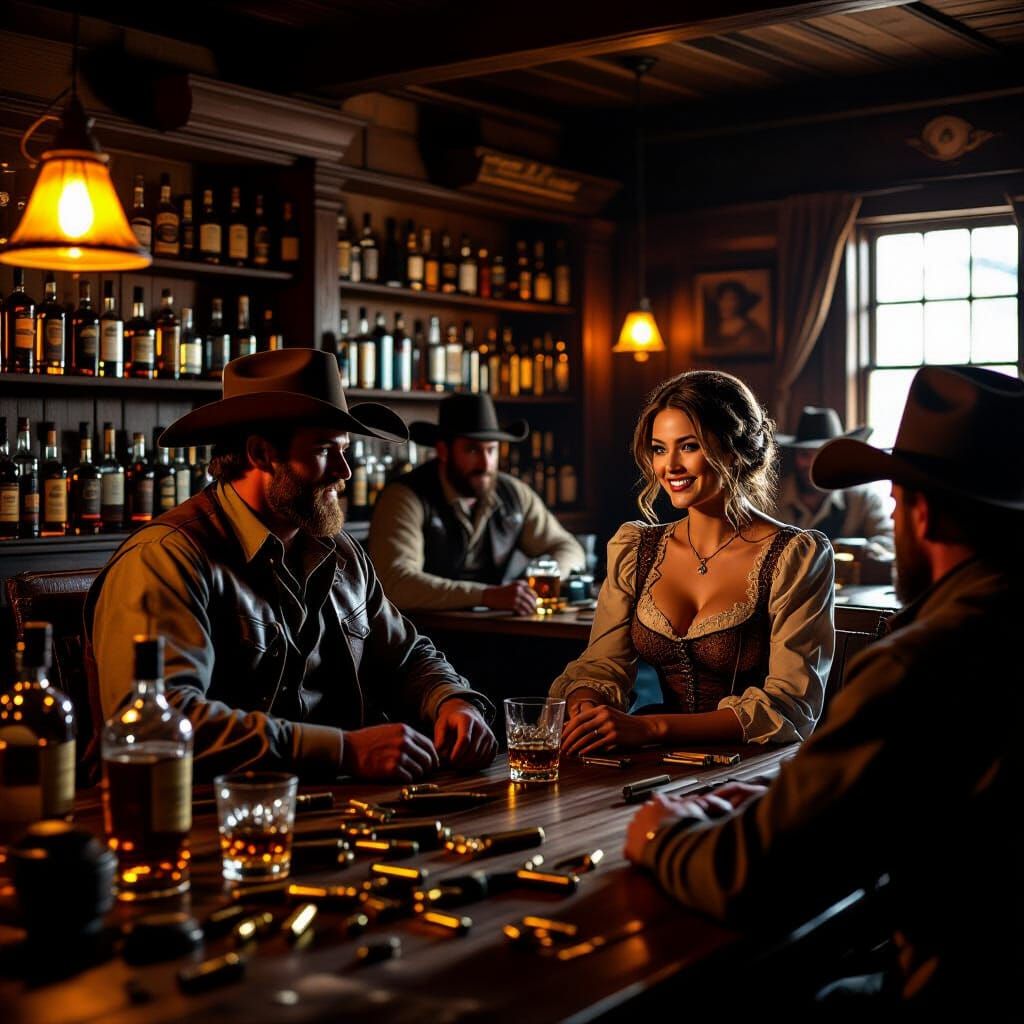Rugged Cowboys in Dimly Lit Saloon, Photorealistic