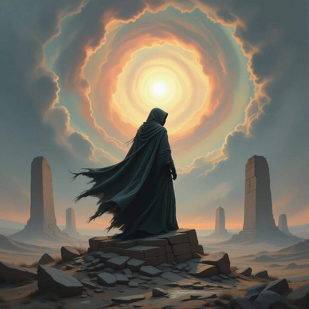 Sorceress on Ancient Ruin in Spectral Wind