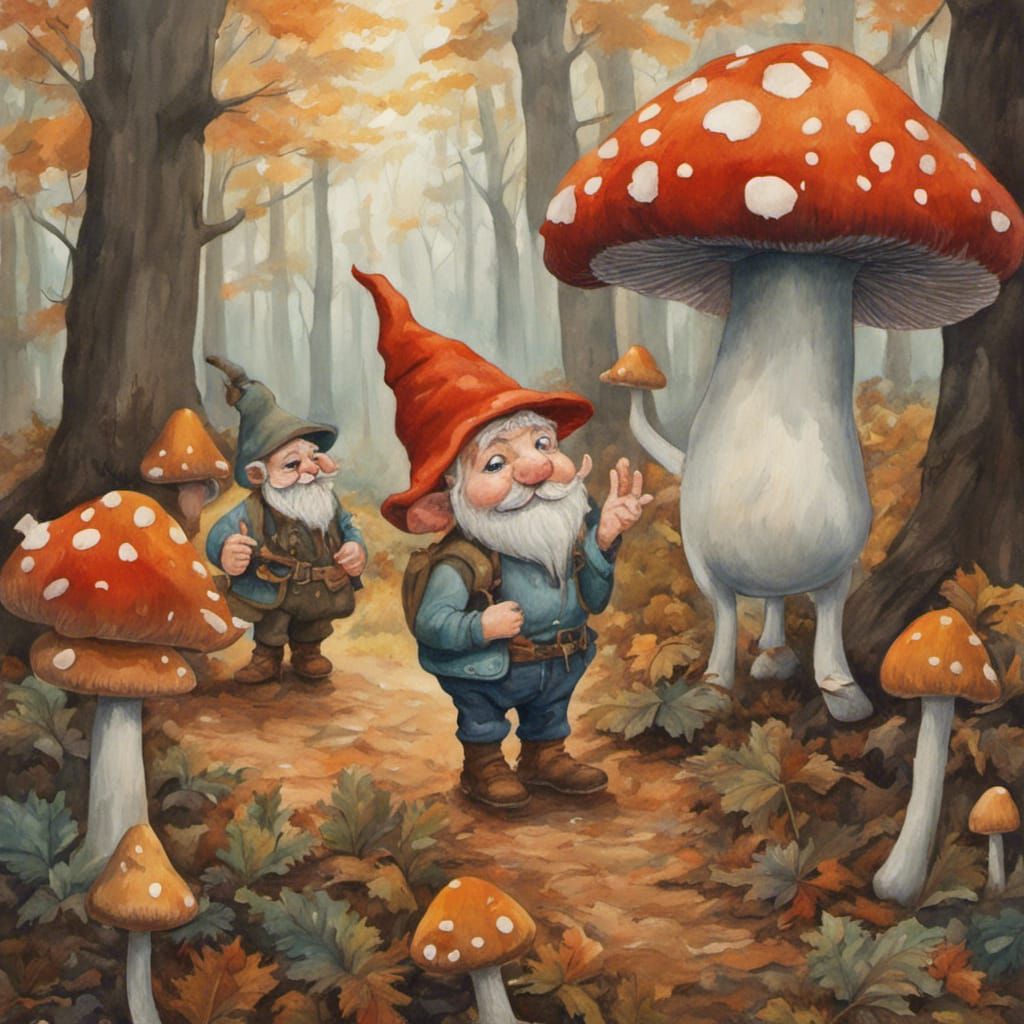 Mushroom Gnomes Lost in Autumn Forest, Gouache Painting