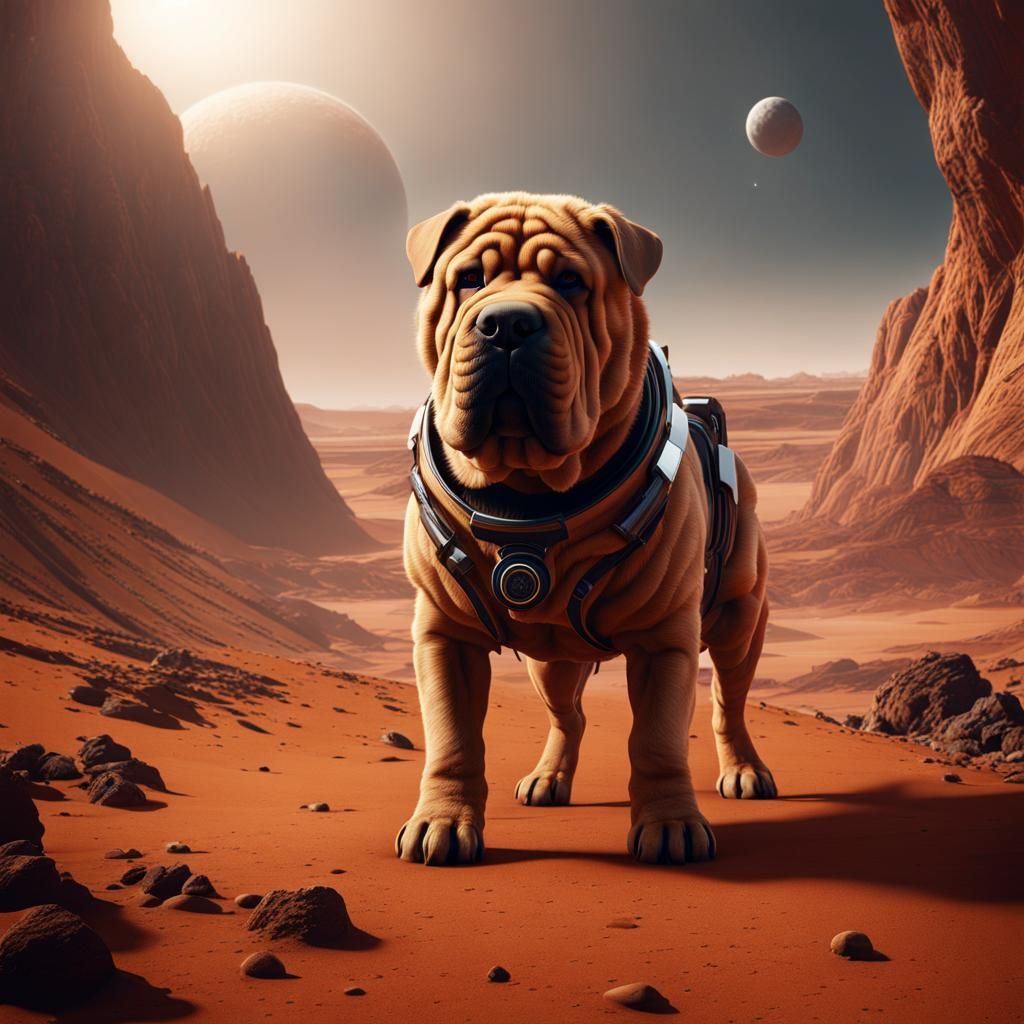 Shar Pei Dog on Mars: Detailed Matte Painting