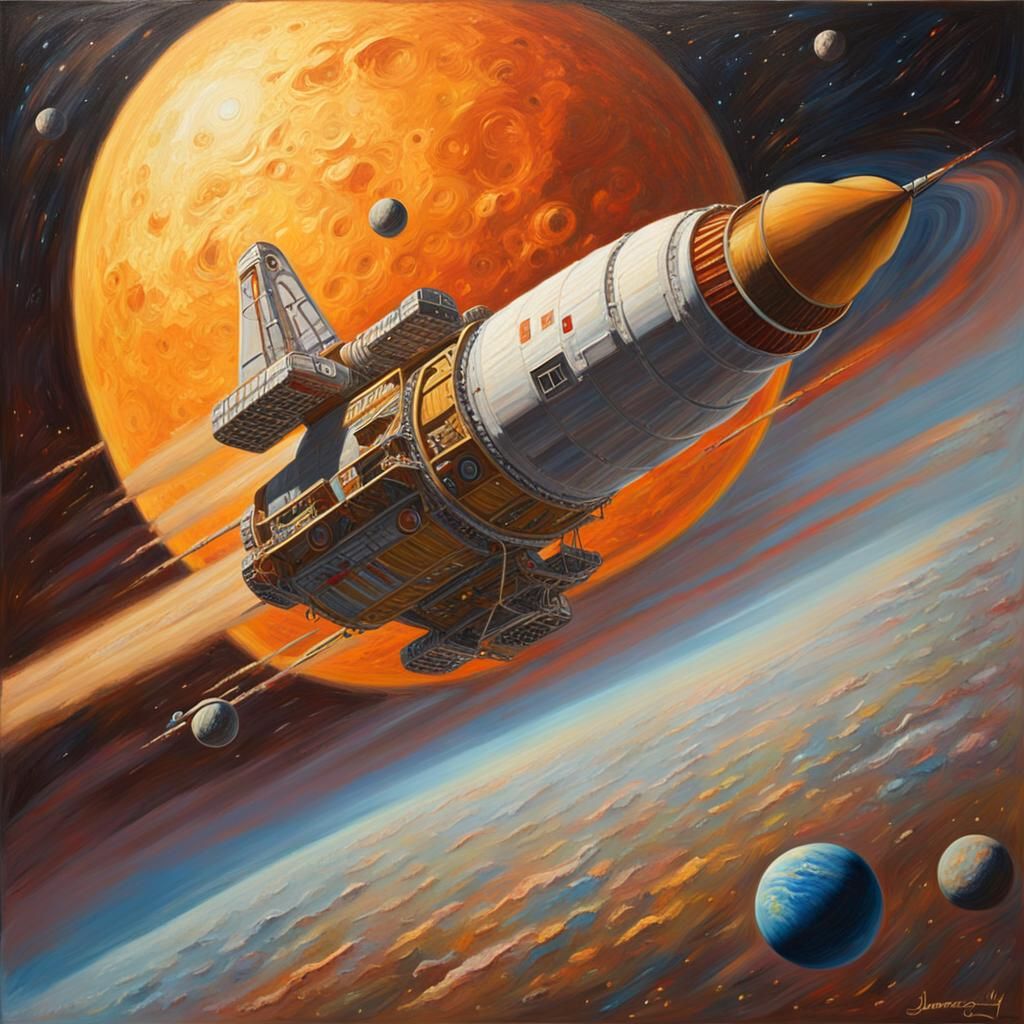 Majestic Rocket Orbits Ringed Planet as Oil Painting