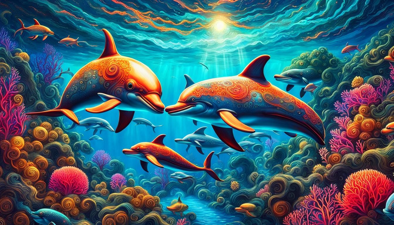 Steampunk Dolphins in Neon Coral Seascape