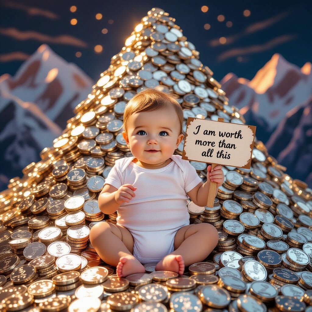 Baby on Mountain of Coins: Whimsical Art
