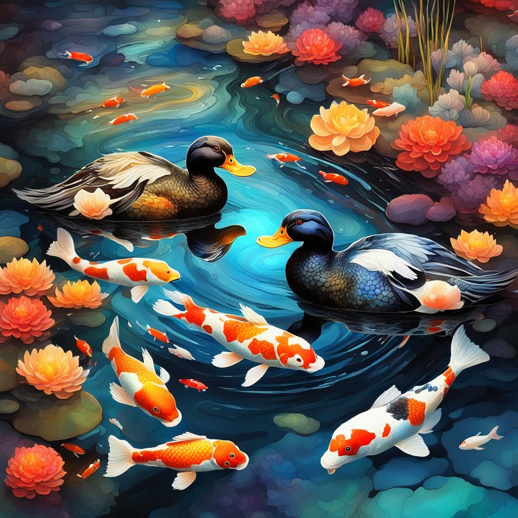 Ducks and Koi Fish in Surreal Alcohol Ink Stream