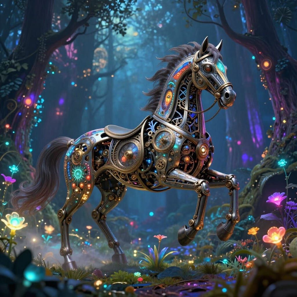 Mechanical Horse Gallops Through Luminous Forest
