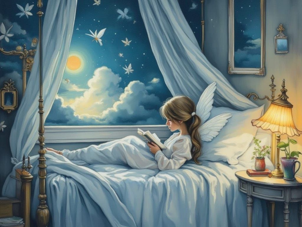 Dreamy Bedroom Scene with Girl and Fairies