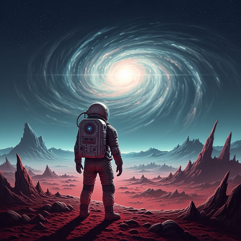 Astronaut Gazes at Swirling Nebula on Alien World