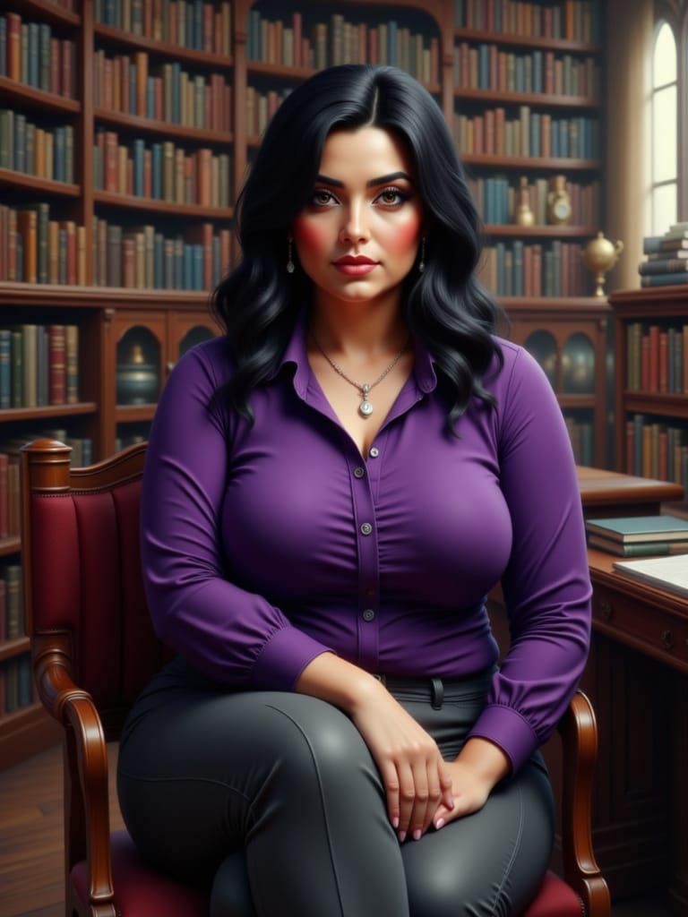 Librarian Woman in Purple Shirt, Realistic Digital Art