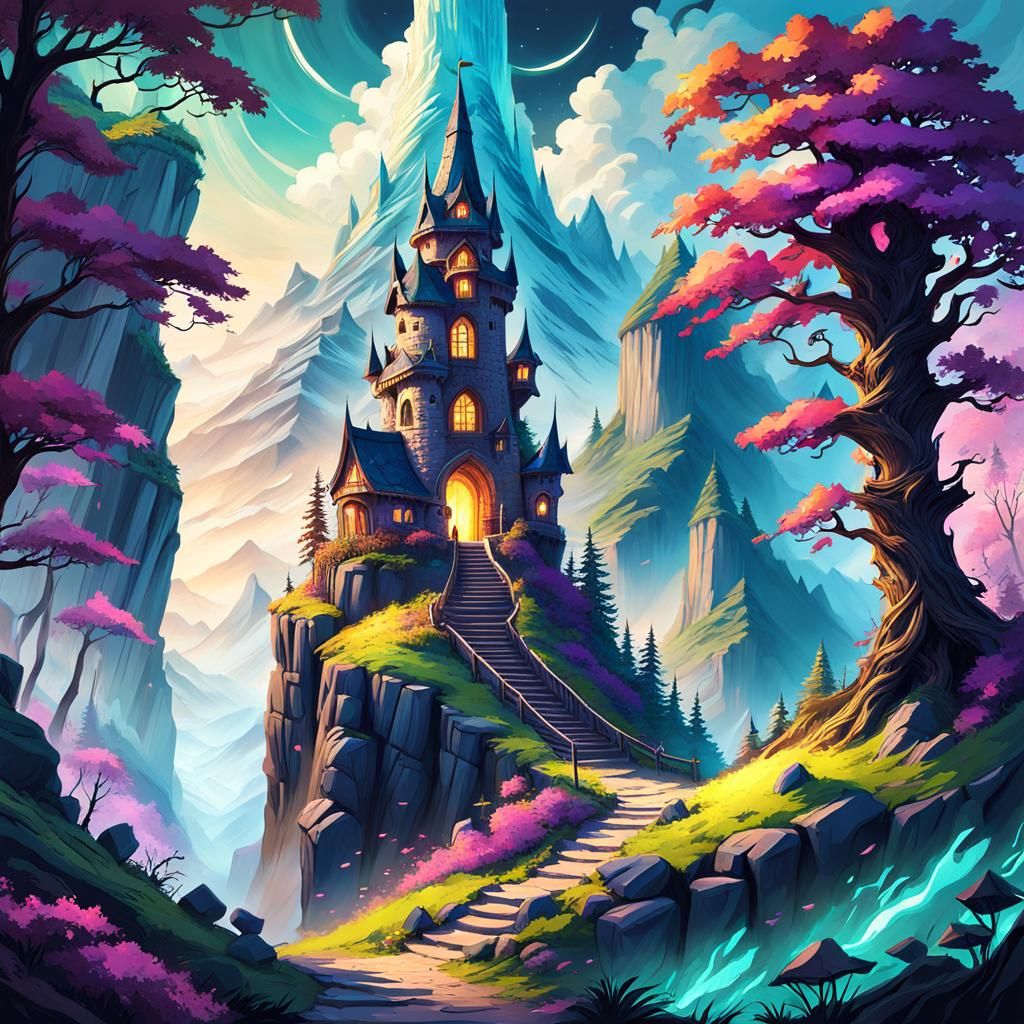 Magical Wizard Tower on Mountainside: Digital Matte Painting