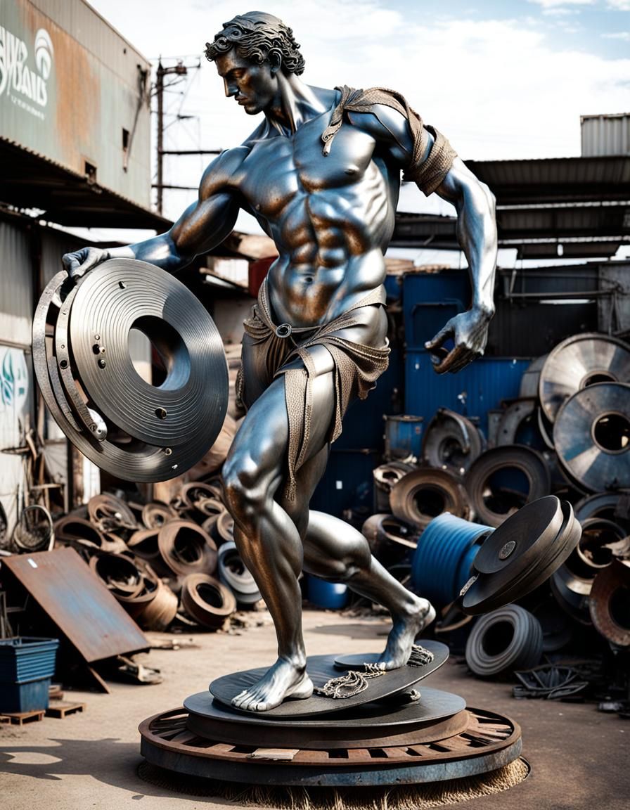 Metal Discobolus Statue in Junkyard: Hyperrealistic Render