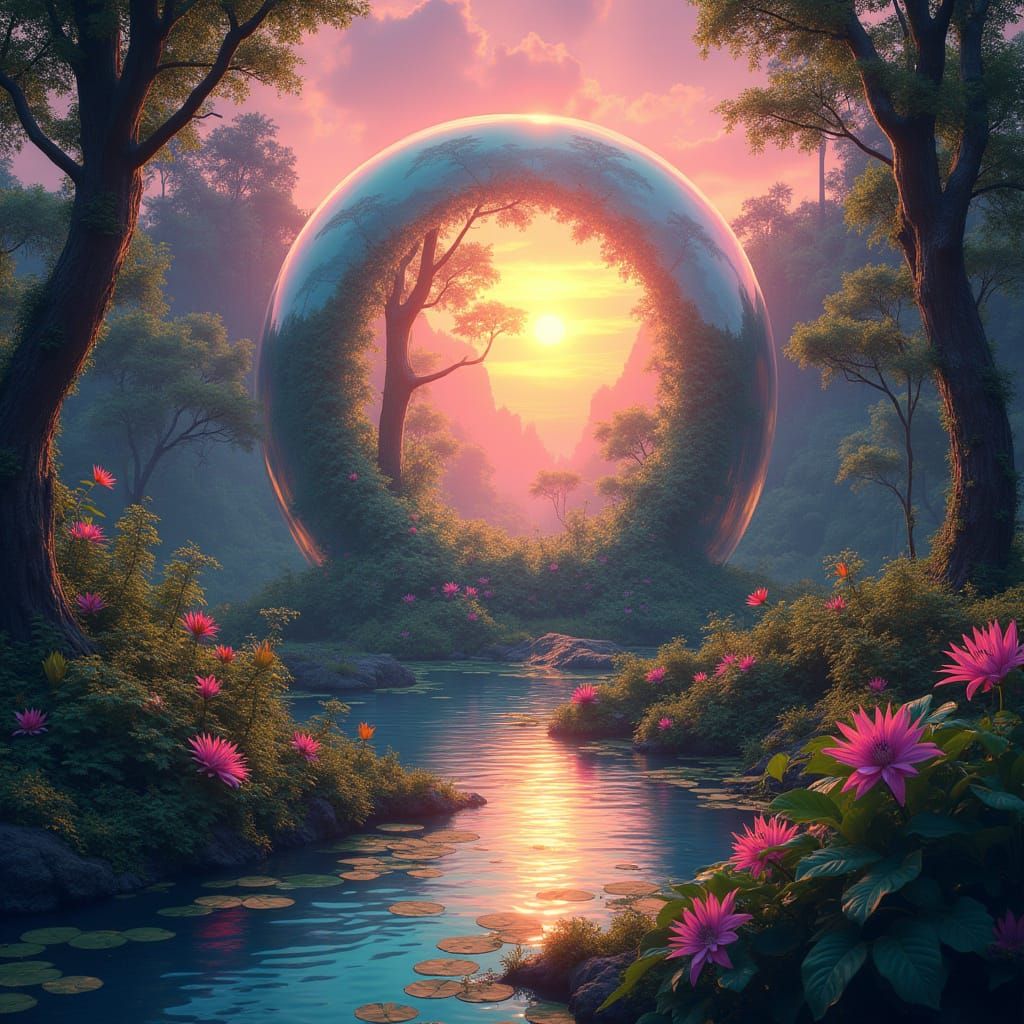 Lush Forest Oasis within a Glowing Sphere