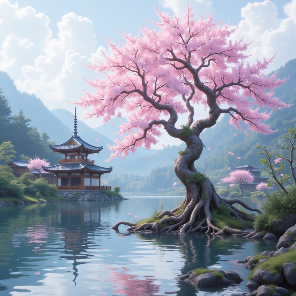 Sakura Tree in Japanese Landscape with Temples and Mountains