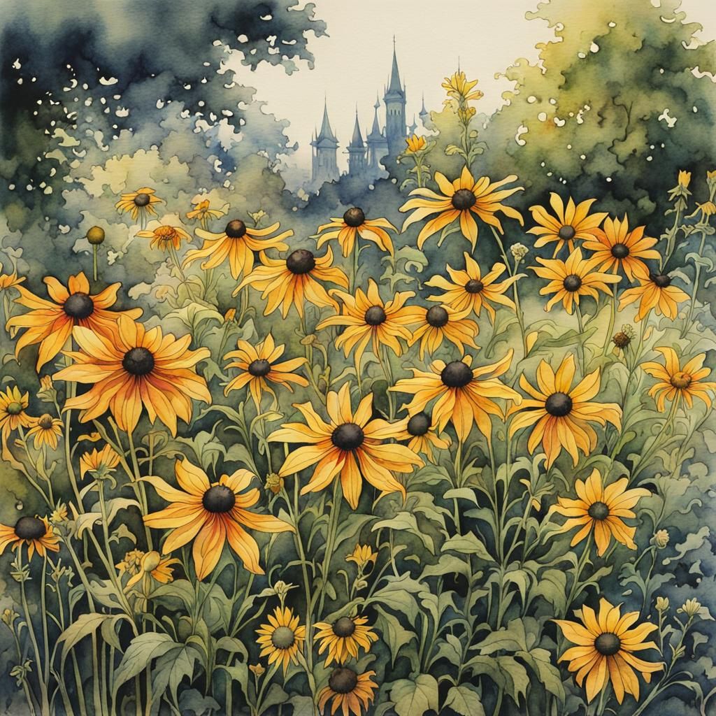 Black-Eyed Susans Watercolor in Anime Style