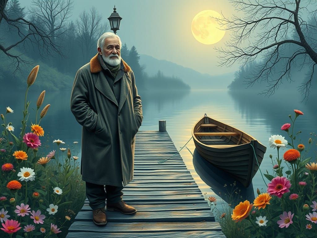 Ethereal Moonlit Scene with Old Man at Wooden Pier