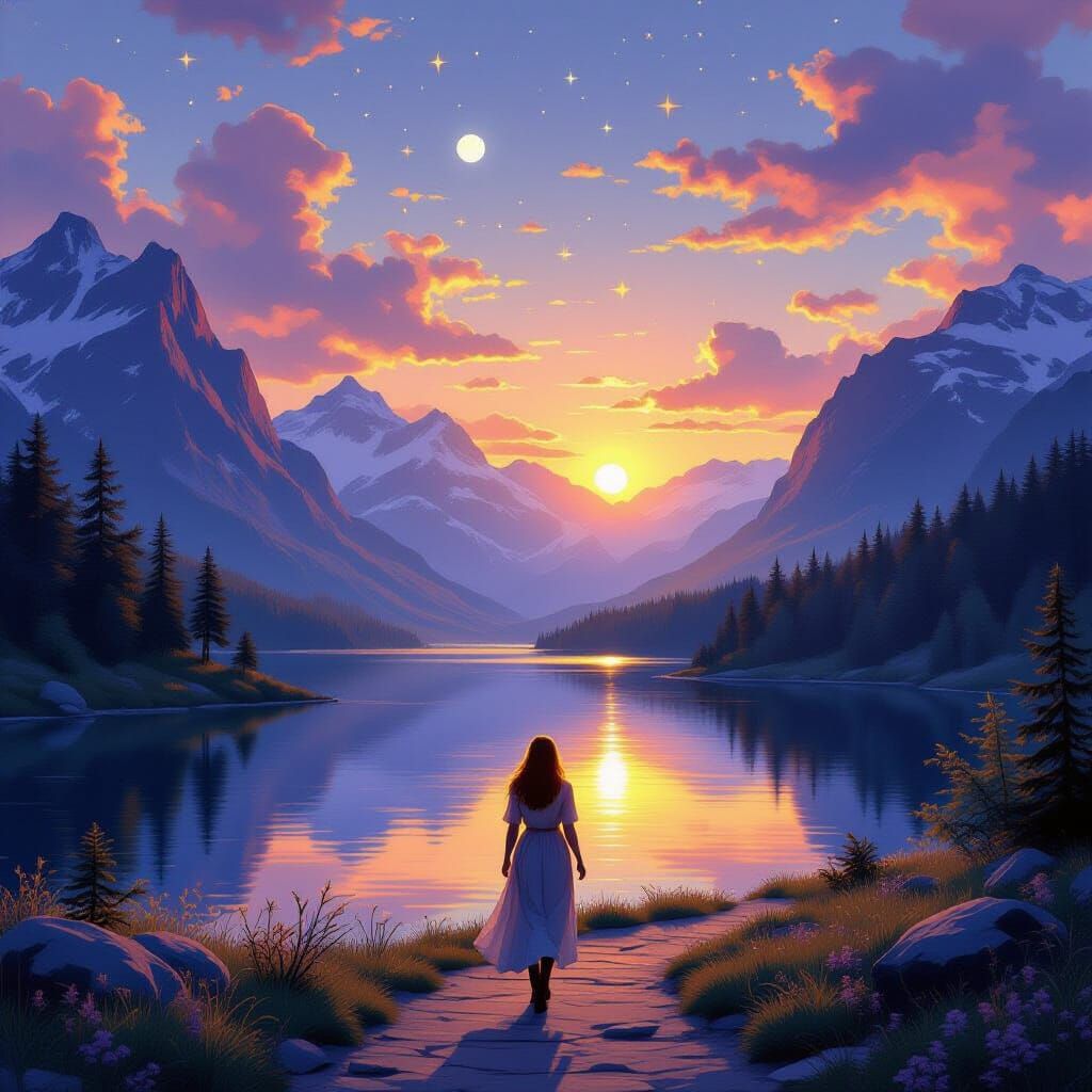 Woman in Forest with Mountain Lake at Sunrise Sunset