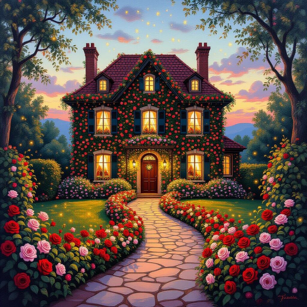 Enchanting Rose House at Twilight in Oil Painting Style