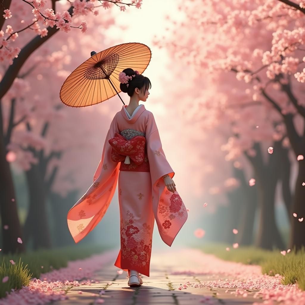 Geisha in Cherry Blossom Forest, 3D Anime Style