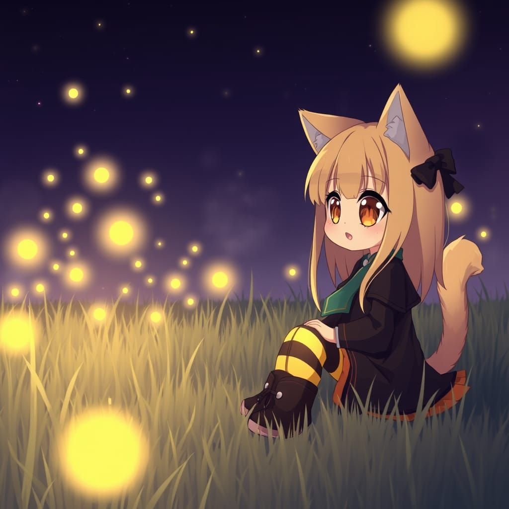 Mystical Catgirl Gaze Under Starry Night