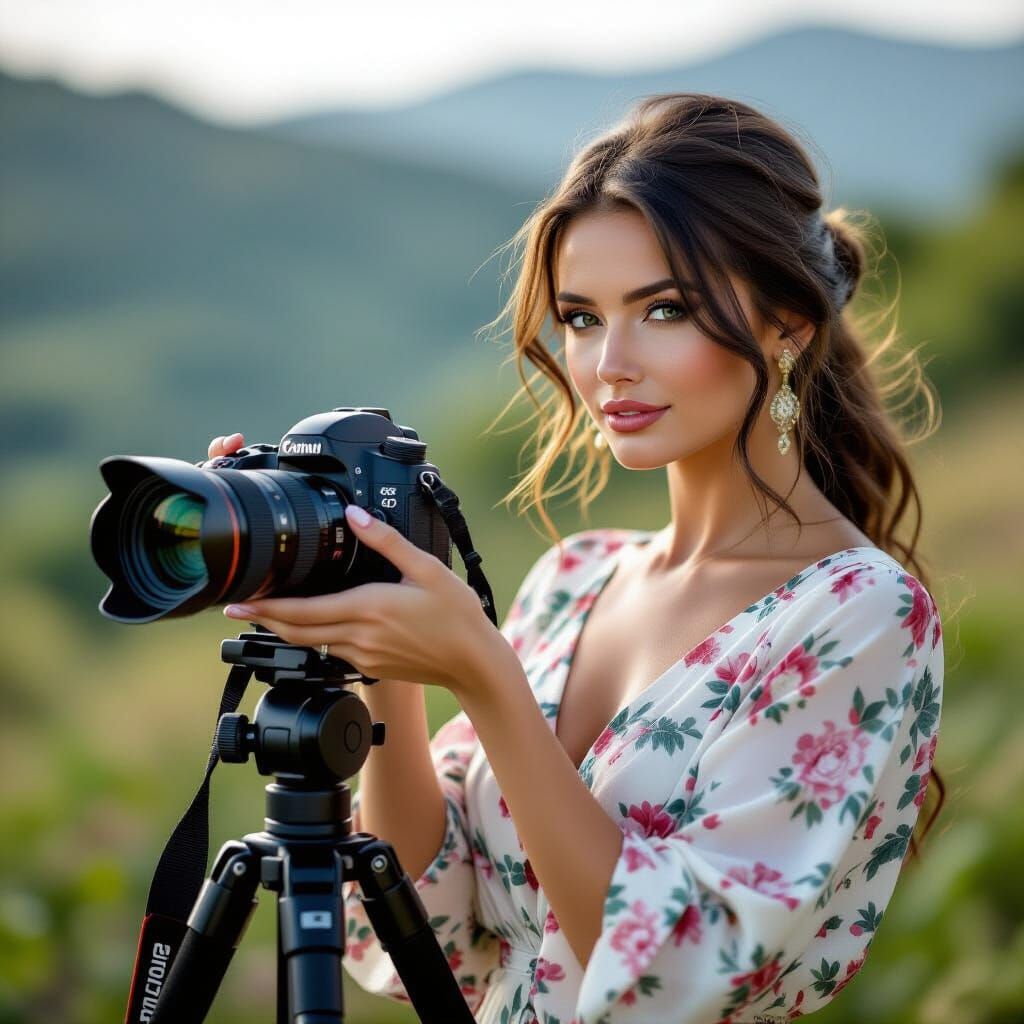 Elegant Photographer Prepares Camera in Scenic Outdoor Setti...