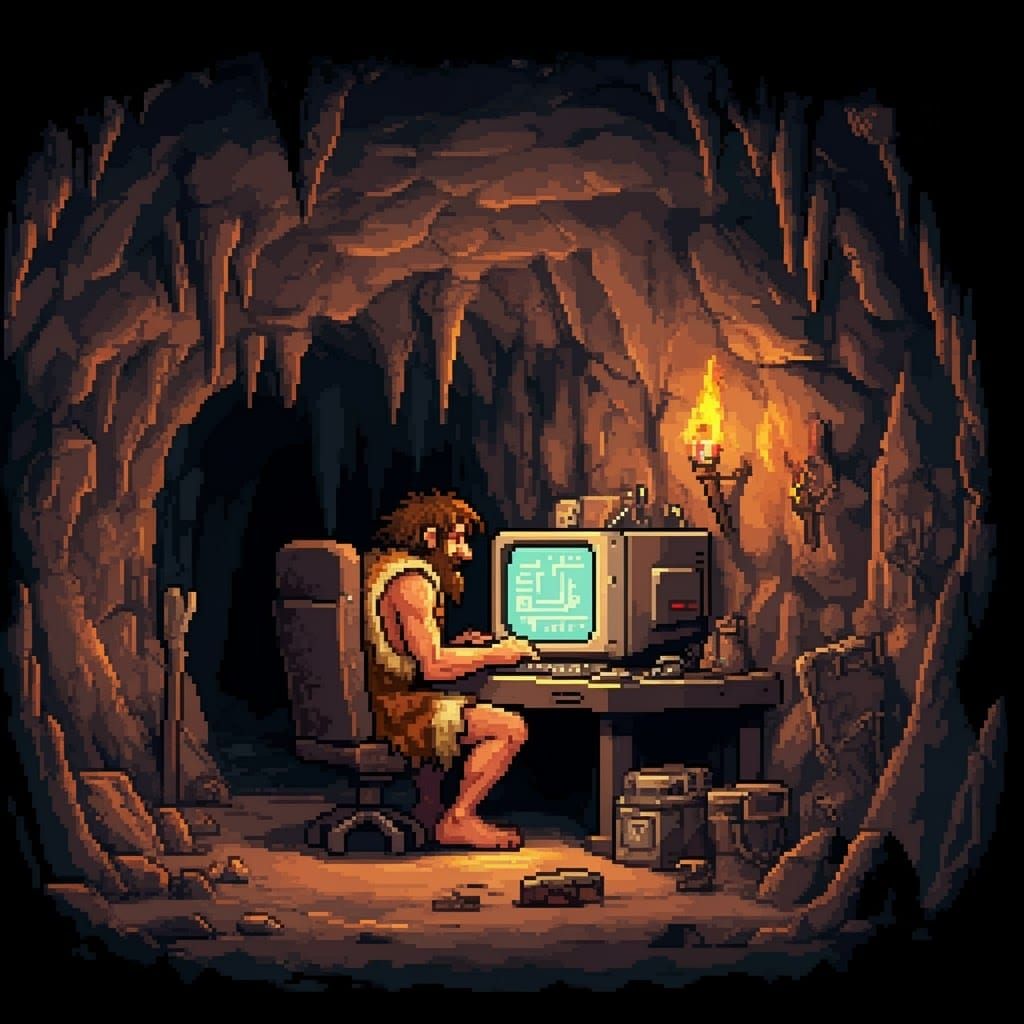 Caveman Computer Setup in 8-bit Pixel Art