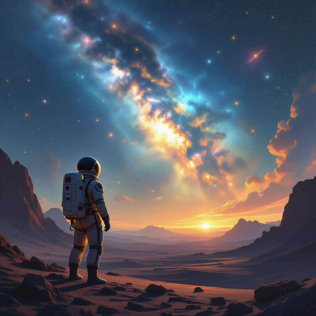 Astronaut on Alien Planet Gazing at Nebula Sky