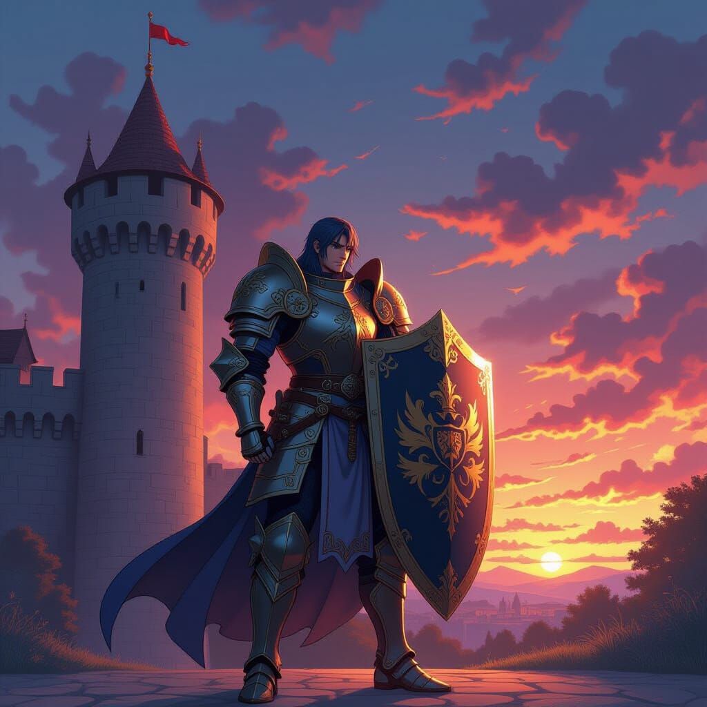 Anime Knight Guards Castle Gate at Twilight
