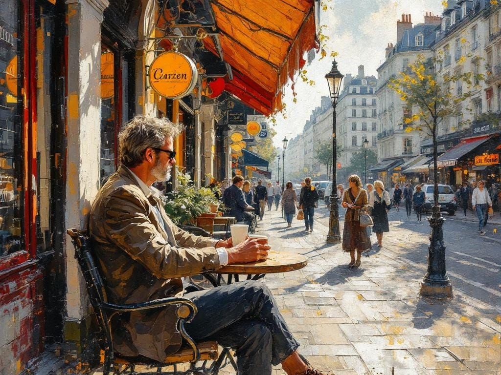 Parisian Cafe Scene in Impressionist Style