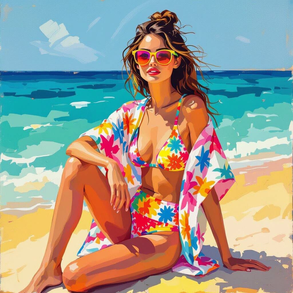 Girl Posing on Sunny Shore in Pop Art Style