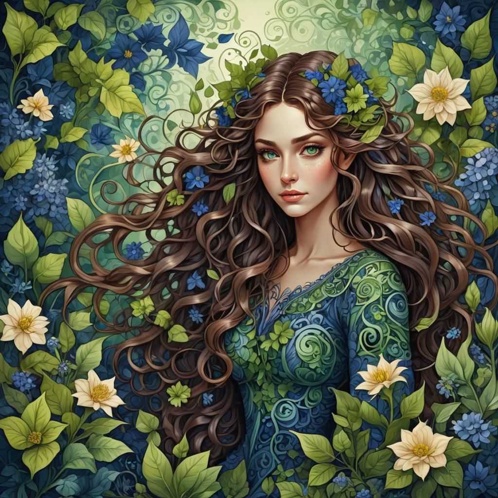 Elf Woman in Flower Garden with Digital Accents