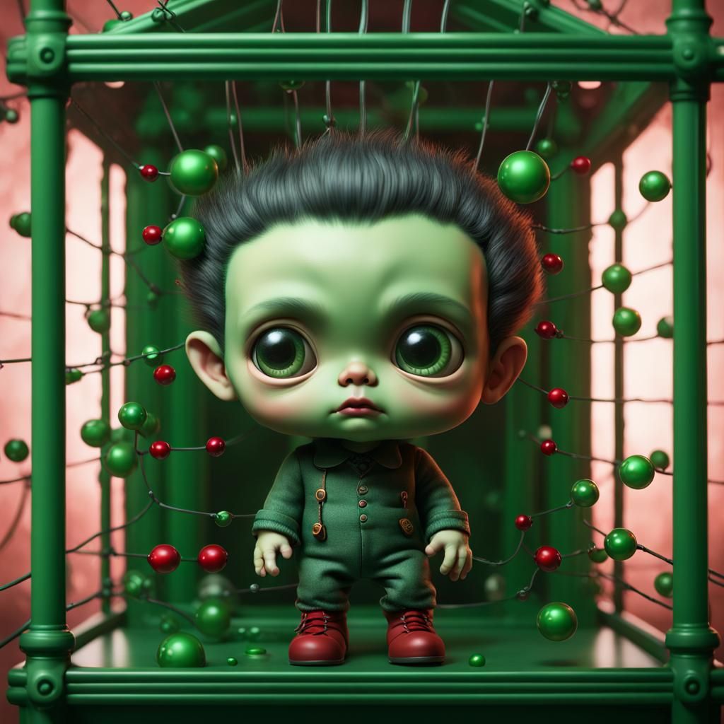 Baby Frankenstein in Cage, Mark Ryden Style