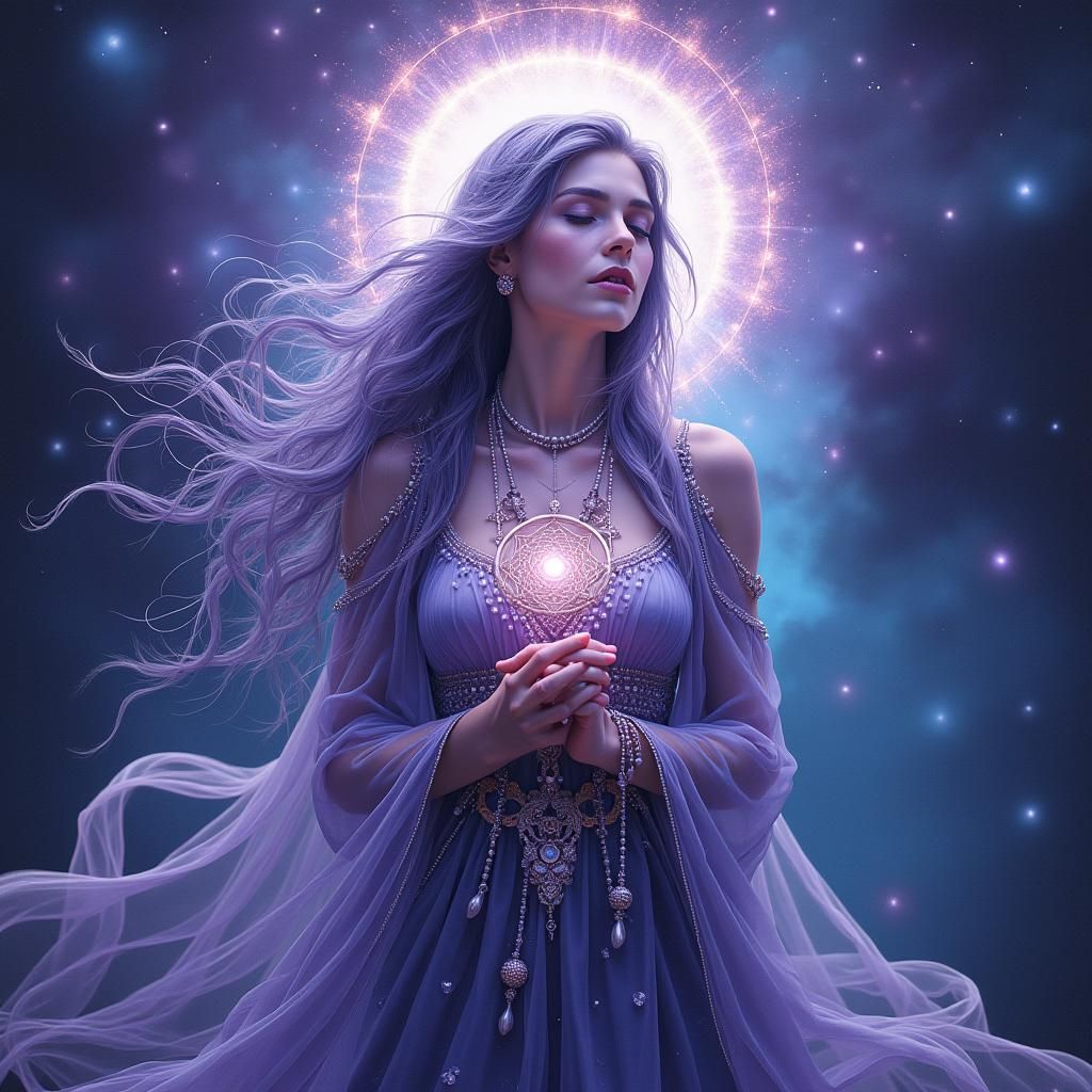 Ethereal Woman in Cosmic Contemplation