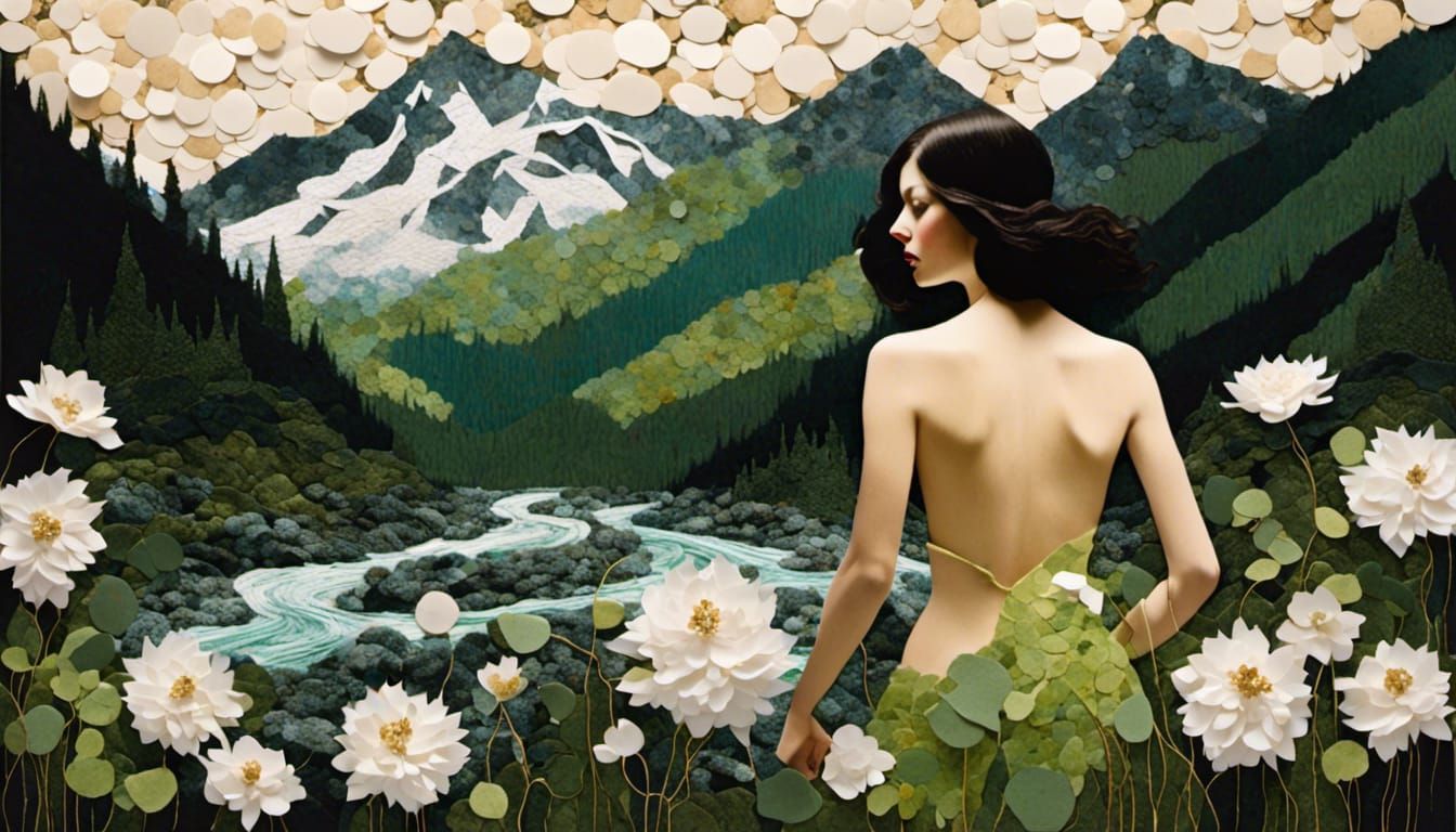 Paper Collage of Woman in Mountain River