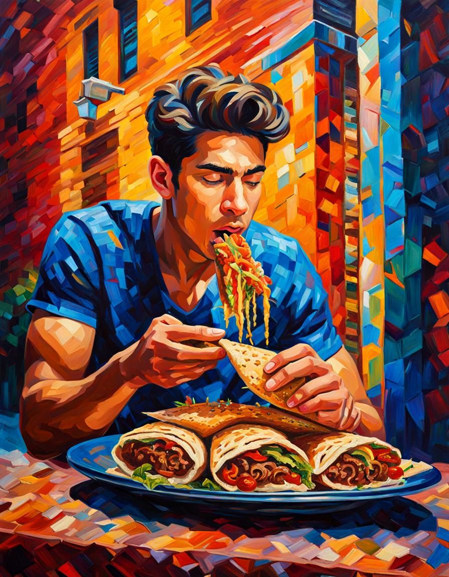 Young Man Enjoys Shawarma in Expressionist Style