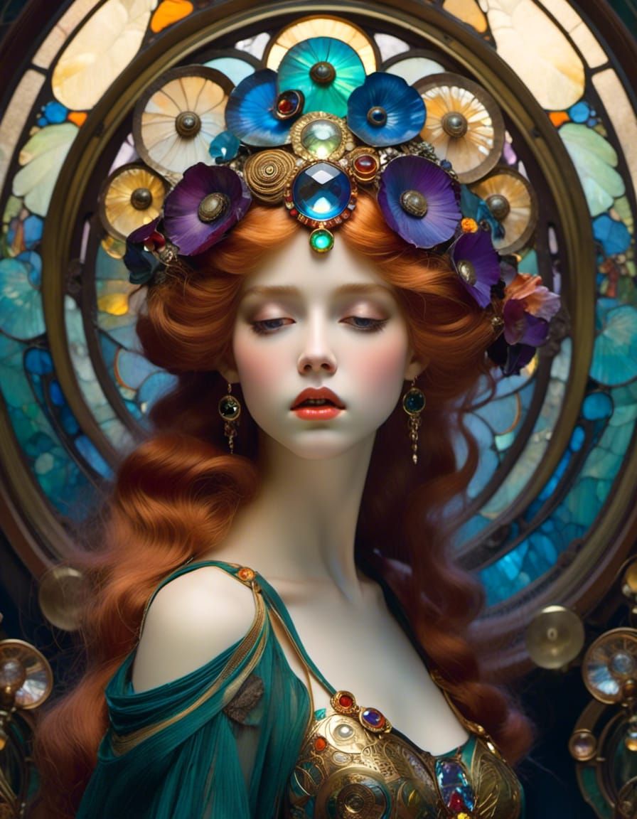 Art Nouveau Doll Portrait with Stained Glass