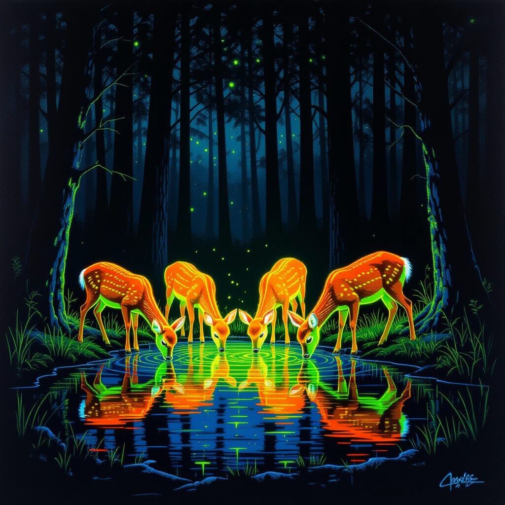 Neon Deer in Glowing Forest, Graffiti Art Style