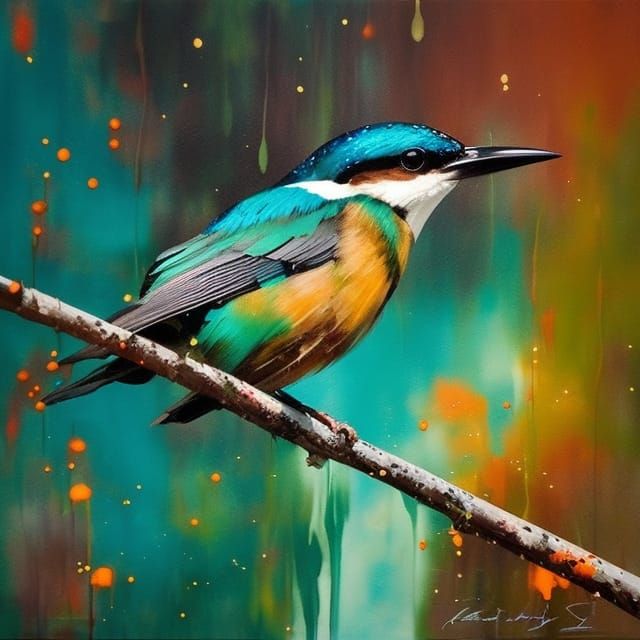 Kingfisher with Splashes in Vibrant Palette as Painting