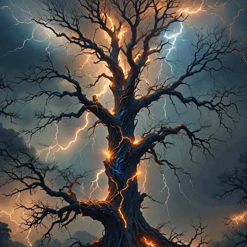 Electric Lightning Tree in Fantasy Landscape