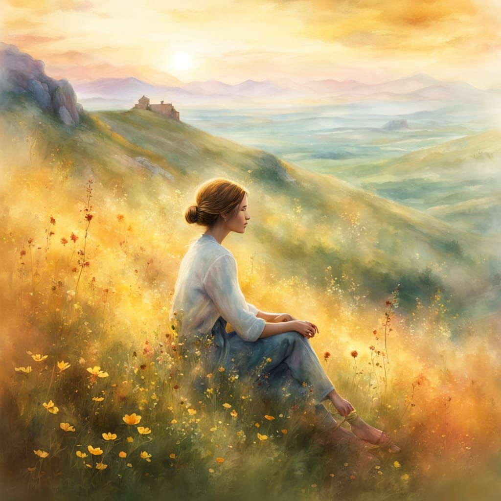 Serene Hillside Dreamscape: Digital Painting